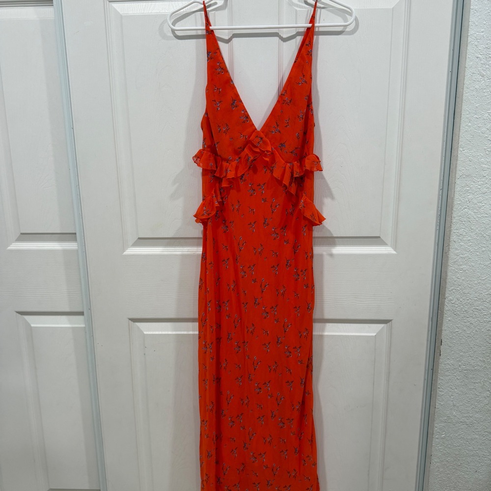 Urban Outfitters Orange Floral Ruffle V-Neck Maxi Dress Small OB907221